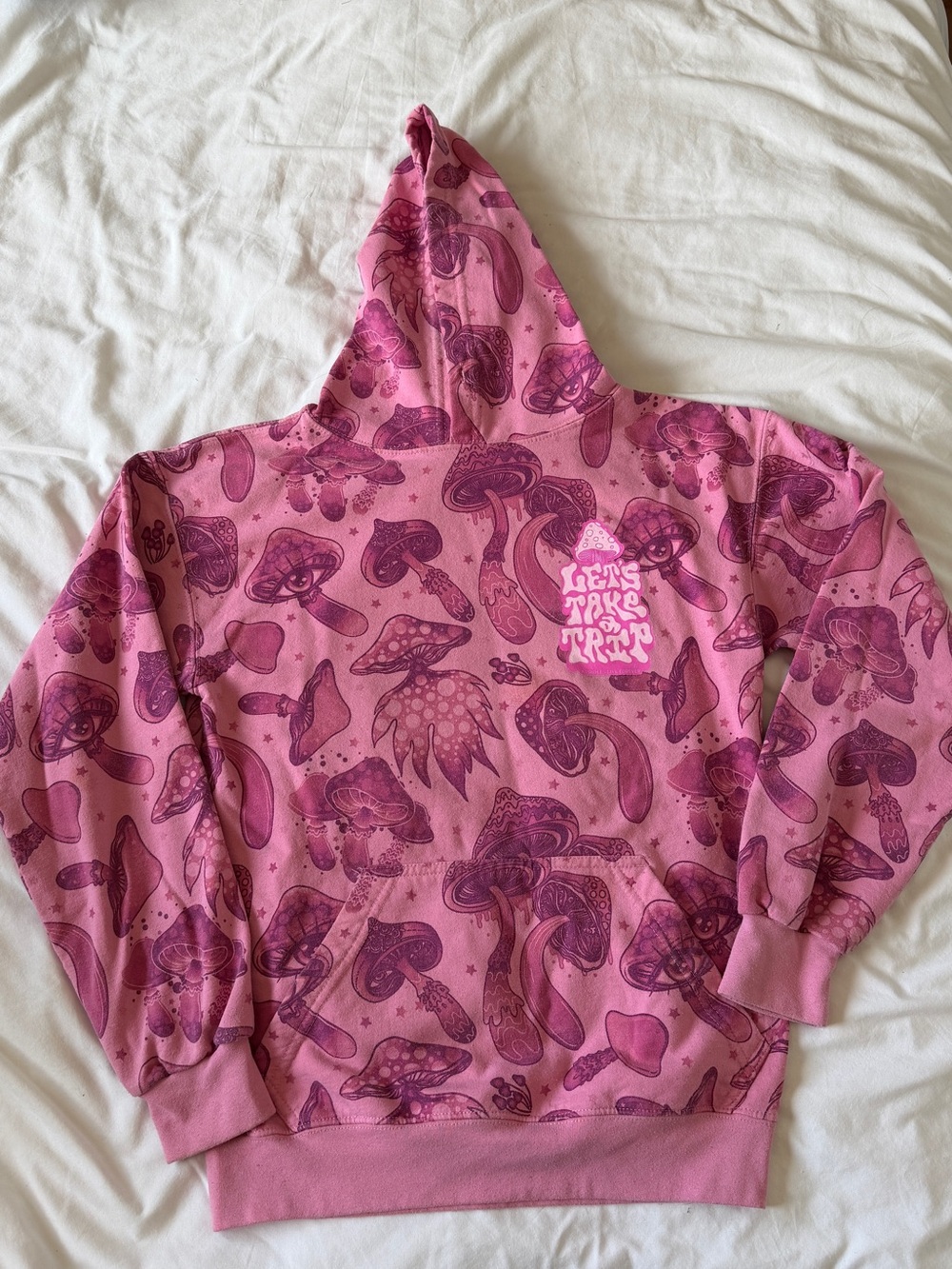 Pink Graphic Mushroom Hoodie with 'Let's Take a Trip' Chest Print